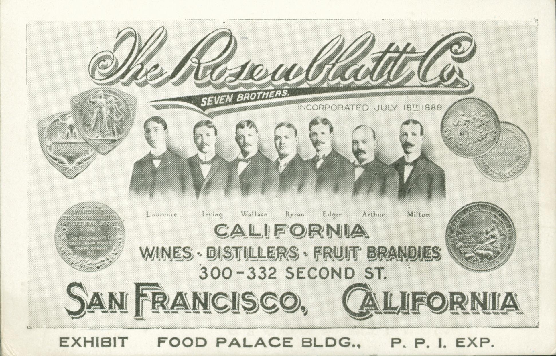 This card shows a portrait of the seven Rosenblatt brothers along with information about the beverages they sell. There is a small street map on the back.